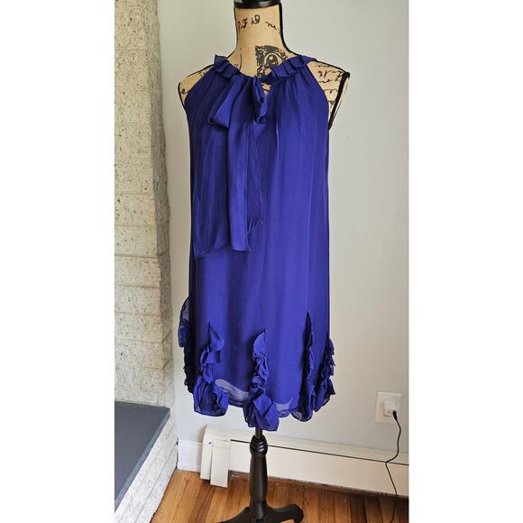 Rebecca Taylor Blue 100% Silk Dress. Ruffles, Bow, Sleeveless, Sexy Dress, Sz 4 - Picture 10 of 12